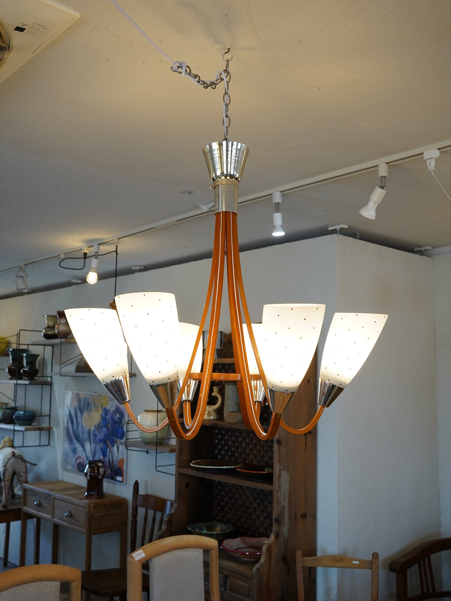Dřevo Humpolec - 6灯 ガラス シャンデリア - 1950's-1960's , Czechoslovakia - 大阪店